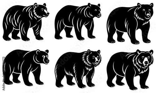 Six black bears standing on white background silhouette animal