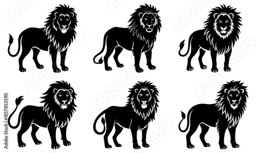 Six Black and White Lion Silhouettes in Different Poses on White Background lions