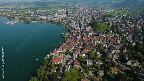 A panoramic Aerial view of the city Zug in Switzerland on a sunny noon in summer