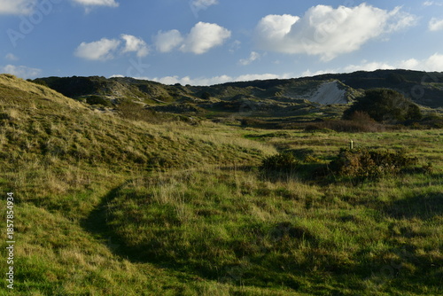 St Ouen sand dunes, Jersey, U.K. Park on a sunny Winter afternoon.