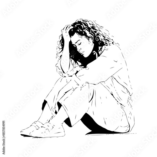Woman sitting on floor with head resting on hand, black and white sketch style on white background. Concept of sadness or emotional stress