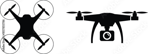 Black silhouette quadcopter drone with camera and propeller icons aerial vehicle unmanned aerial vehicle