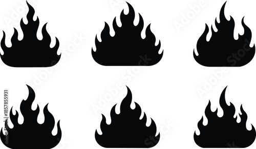 Six black flame icons on a white background fire symbol