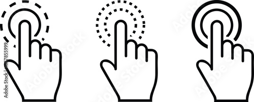 Three black and white hand cursor icons indicating touch or click action vector