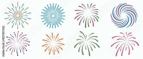 Set of Eight Stylized Fireworks and Explosions Icons on White Background Keywords: fireworks, explosion, celebration, abstract, graphic, icon
