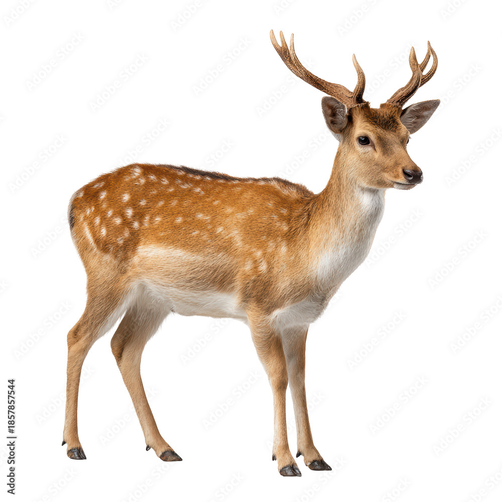Fototapeta premium Deer with antlers in natural habitat with soft warm lighting on white background for wildlife conservation