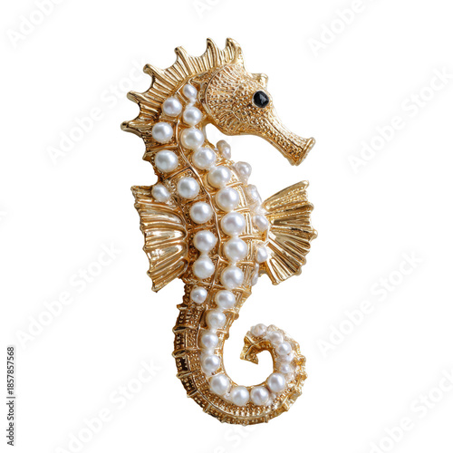 Golden seahorse brooch in luxurious pearl embellishment with elegant studio lighting for jewelry advertisement