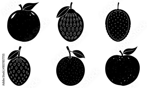 Five Different Fruit Silhouettes with Transparent Background apple kiwi