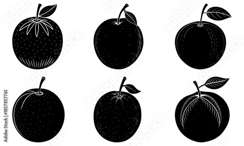 Five Black Apples with Leaves on White Background fruit leaf