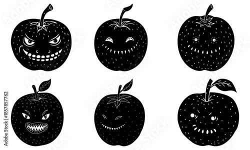 Five Apples with Cartoon Faces on White Background expression smile