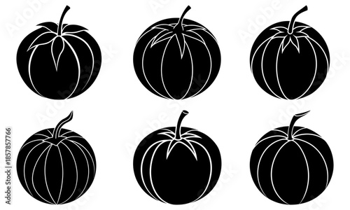 Six Black and White Pumpkin Silhouettes on White Background