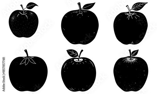 Five black apples with leaves on white background silhouette fruit