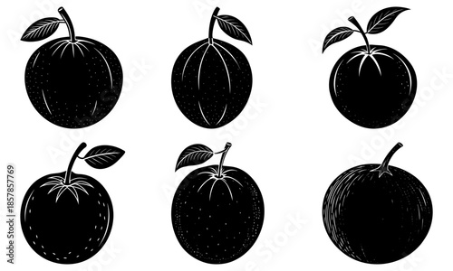 Five Black Plums with Leaves on White Background fruit leaf 1