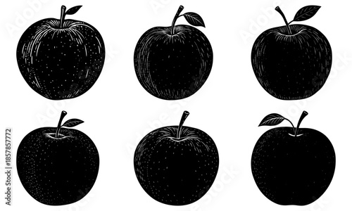 Five black apples with leaves on white background fruit leaf 1