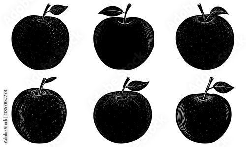 Five black apples with leaves on white background fruit leaf 2
