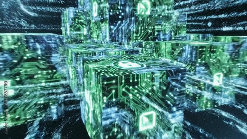 Abstract digital cubes and circuits representing data security and technology.