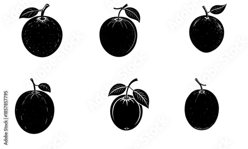 Five Black Plum Silhouettes with Leaves on White Background fruit leaf