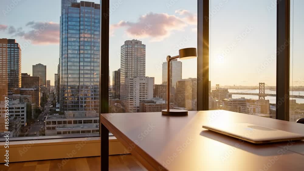 Luxurious office interior features a city view with a modern desk and ...