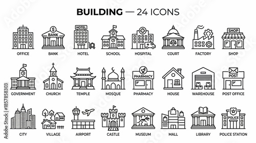Building Icon Set with Office, Mosque, Castle, and Library for Civic Dashboards, Real Estate Maps, and Educational Cityscape Visuals