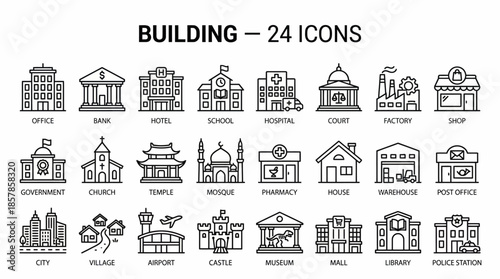 Building Icon Set with Office, Mosque, Castle, and Library for Civic Dashboards, Real Estate Maps, and Educational Cityscape Visuals