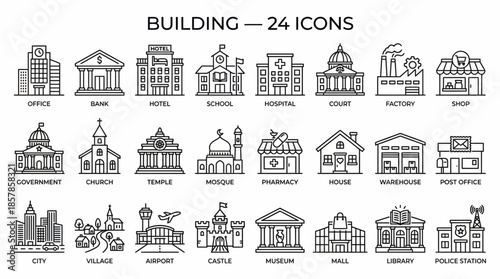 Building Icon Set with Office, Mosque, Castle, and Library for Civic Dashboards, Real Estate Maps, and Educational Cityscape Visuals