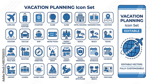 Vacation Planning Icon Set with Passport, Itinerary, Beach Trip, and Travel Safety for Tourism Dashboards, Trip Guides, and Packing Checklists
