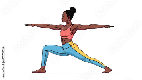 Woman practicing yoga in warrior pose with colorful outfit
