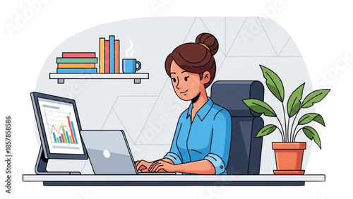 A woman working on a laptop in a modern office setting with a potted plant nearby and a graph on the screen