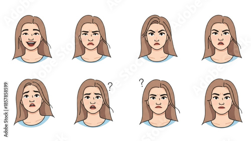 Illustration of a woman expressing various emotions on her face