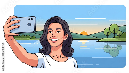 Woman taking selfie by serene lake at sunset with rolling hills and lush greenery