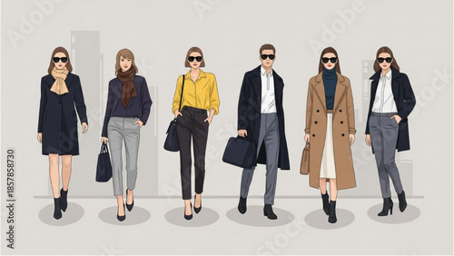 Diverse group of stylish individuals standing together in a modern urban setting, showcasing various fashion trends and accessories