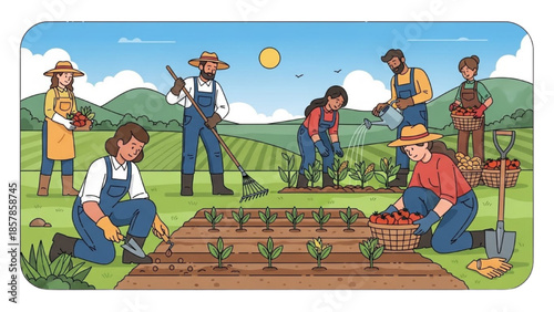 People working together in a garden on a sunny day, tending to plants and harvesting crops from a high angle view.