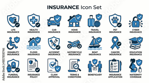 Insurance Icon Set with Life, Cyber, Travel, and Claim Approval for Financial Dashboards, Policy Portals, and Risk Management Presentations