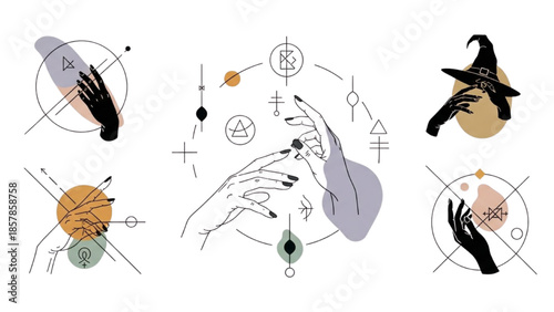 A mystical illustration of hands and witches performing magic rituals in a circular motion with various symbols and objects.