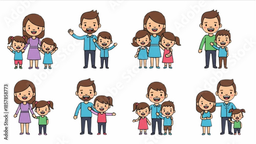 Illustrations of diverse family units showcasing various parent-child interactions and emotional bonds in a playful setting