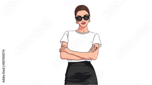 A confident woman standing with her arms crossed wearing sunglasses and a black skirt