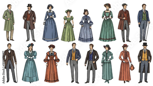 Illustrations of people in vintage clothing and accessories from the past century standing in a line.
