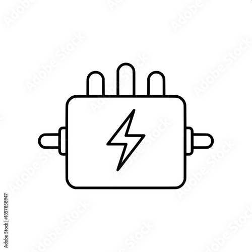 “Minimal flat icon representing an electrical unit, rectangular shape, white lightning symbol, three top protrusions, cylindrical side elements, clean lines, no shading, modern digital icon style.”