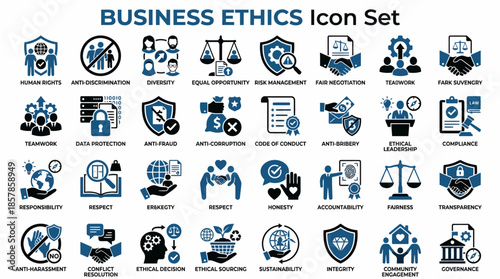 Business Ethics Icon Set with Anti-Corruption, Compliance, Ethical Leadership, and Fair Management for Corporate Dashboards, HR Training, and Governance Presentations
