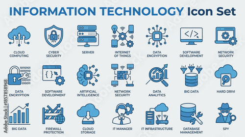 Information Technology Icon Set with AI, Blockchain, SEO, and Cloud Computing for Tech Dashboards, IT Presentations, and Digital Transformation Kits