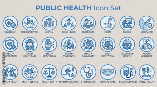 Public Health Icon Set with Telemedicine, Vaccination, Medical Research, and Health Monitoring for Awareness Campaigns, Educational Kits, and Healthcare Dashboards