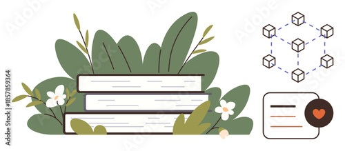 Books stacked among greenery, interconnected cubes forming a blockchain network, and a digital document with a heart tag. Ideal for education, technology, nature, learning, digitalization