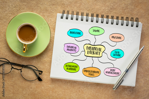 financial literacy infographics or mind map sketch - personal finance concept and education