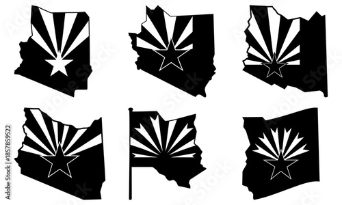 Black and white star and sunburst shapes on state of Texas outline with transparent background silhouette