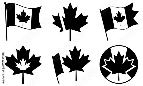 Collection of Canadian Maple Leaf Symbols and Flags in Silhouette on White Background Canadian flag black and white