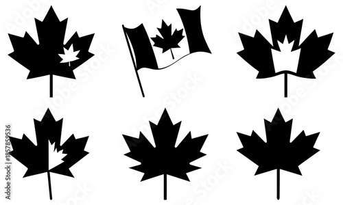 Six Black Maple Leaf Silhouettes with Transparent Background white