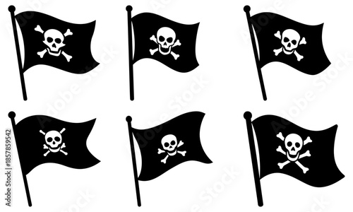 Six Black Pirate Flags with Skull and Crossbones on White Background black flag transparent background