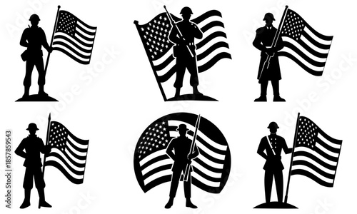 Silhouettes of Soldiers Holding American Flags on White Background military patriotism