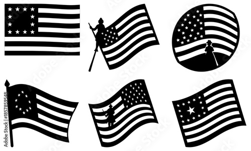 American Flag Silhouettes with Soldier Figures on White Background stars stripes