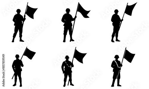 Six Soldiers Holding Black Flags Silhouette on White Background military